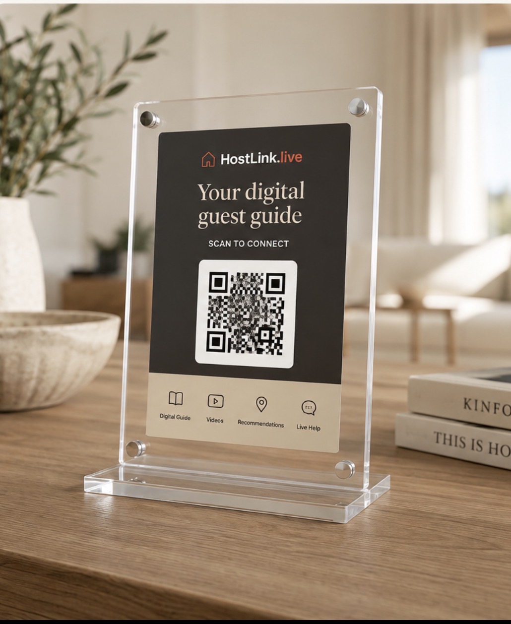 HostLink 5 by 7 acrylic plaque with QR code on a kitchen table